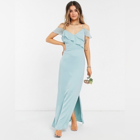 Oasis Dresses & Skirts - ASOS Oasis Bridesmaid Satin Ruffle Off Shoulder Pale Ocean Blue Maxi Dress Sz 8
